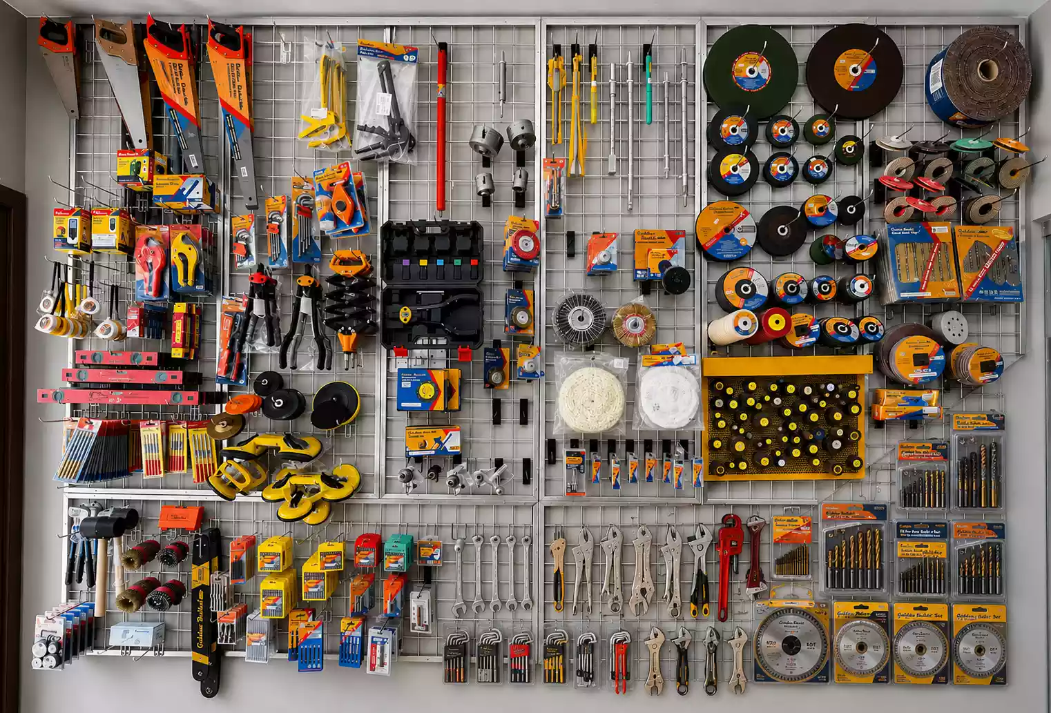 A wall of abrasives, cutting tools and accessories stocked at A.K. Suppliers and Distributors